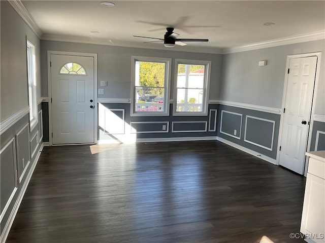 foyer with ceiling fan, plenty of natural light, and dark wood-type flooring