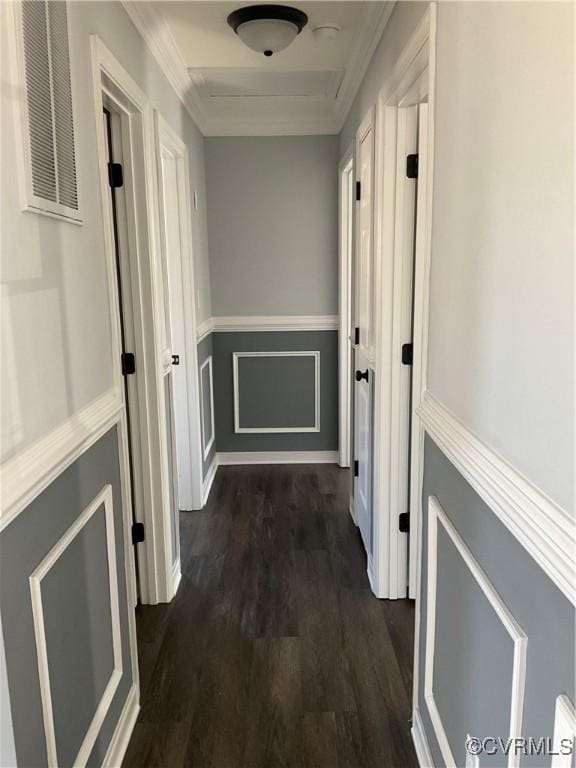 hall featuring dark hardwood / wood-style floors and crown molding