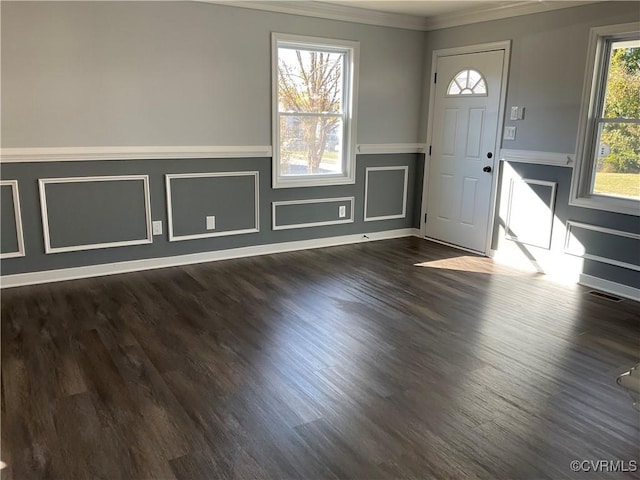 foyer featuring a wealth of natural light, crown molding, and dark wood-type flooring