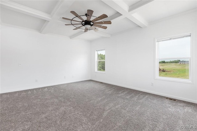 unfurnished room with carpet, beam ceiling, ceiling fan, and coffered ceiling