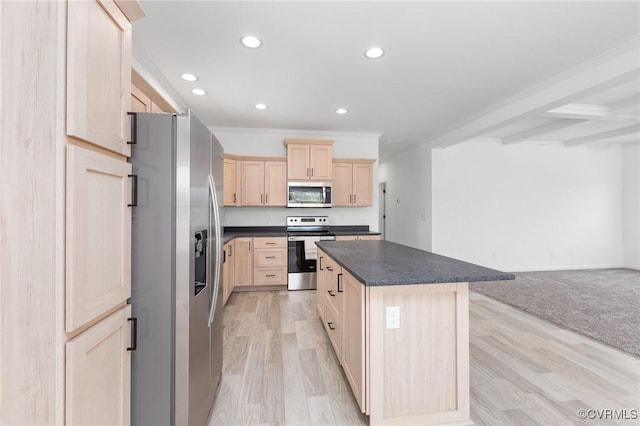 kitchen featuring light wood-type flooring, light brown cabinetry, beamed ceiling, a kitchen island, and stainless steel appliances