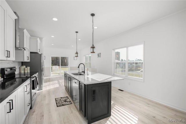 kitchen with white cabinetry, stainless steel electric range oven, sink, hanging light fixtures, and an island with sink