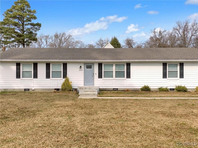 ranch-style house featuring crawl space, a front lawn, and roof with shingles