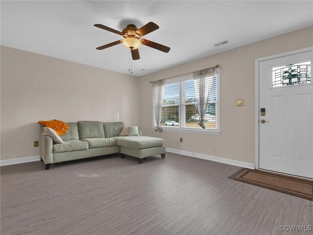 living room with ceiling fan and wood-type flooring