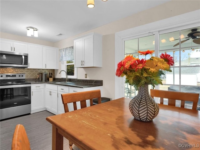 kitchen featuring sink, backsplash, white cabinets, and stainless steel appliances