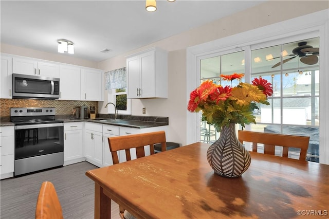 kitchen featuring dark countertops, decorative backsplash, appliances with stainless steel finishes, white cabinets, and a sink