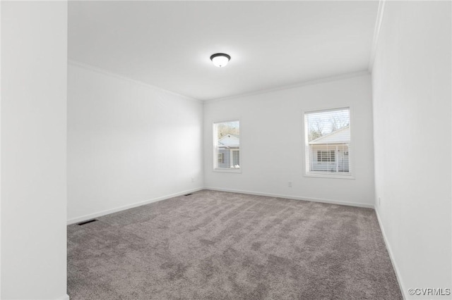 unfurnished room featuring carpet floors and ornamental molding