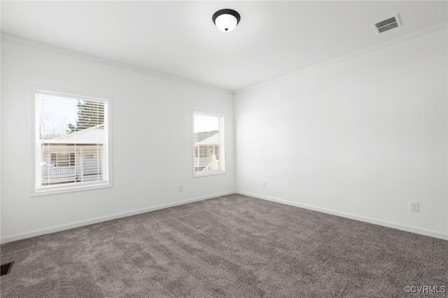 carpeted spare room with a healthy amount of sunlight and crown molding