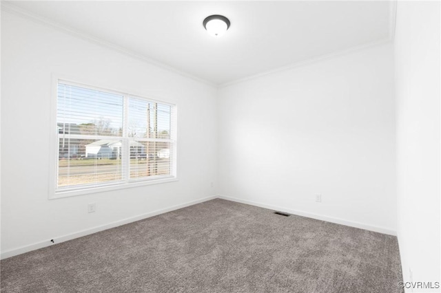 carpeted spare room featuring ornamental molding