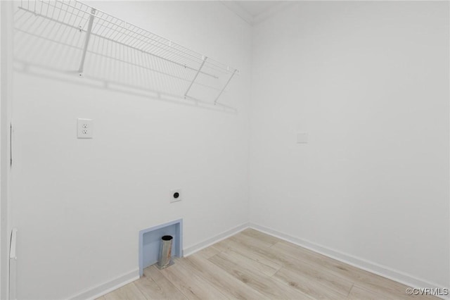 clothes washing area with light hardwood / wood-style flooring and hookup for an electric dryer