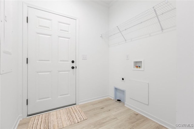 laundry area with light hardwood / wood-style flooring, washer hookup, and hookup for an electric dryer