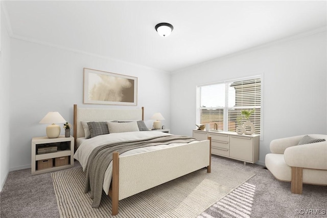 carpeted bedroom featuring crown molding