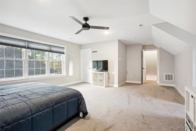 5080 Brandon Pines Way, Providence Forge, VA 23140 - bedroom with ceiling fan, visible vents, vaulted ceiling, baseboards, and light colored carpet
