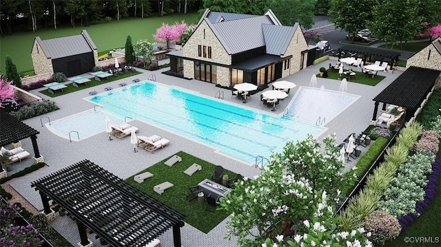 pool featuring a patio area, fence, and a pergola