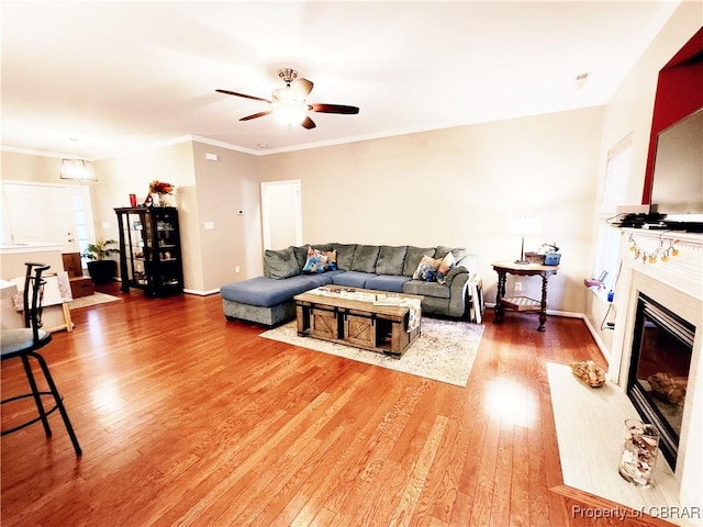 living room with ceiling fan, crown molding, and wood-type flooring