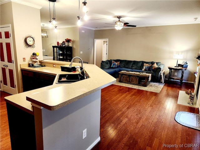 kitchen with ceiling fan, sink, crown molding, an island with sink, and pendant lighting