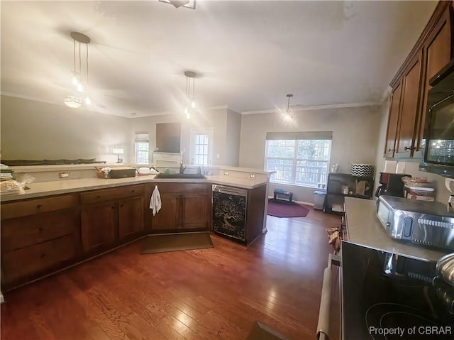 kitchen featuring stainless steel dishwasher, ornamental molding, decorative light fixtures, dark hardwood / wood-style flooring, and kitchen peninsula