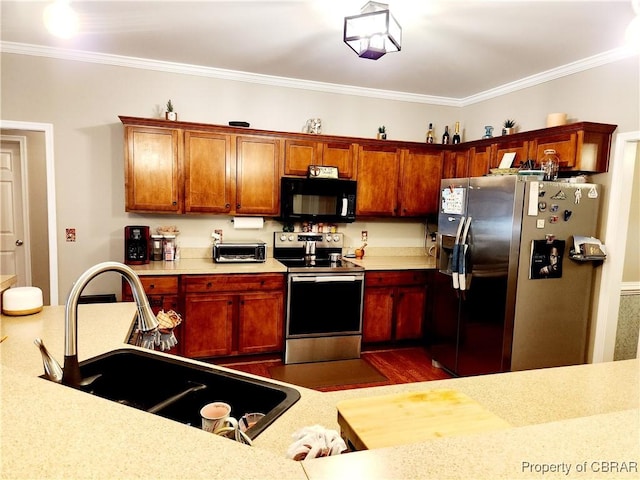 kitchen with crown molding, sink, and stainless steel appliances