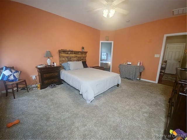 carpeted bedroom featuring ceiling fan