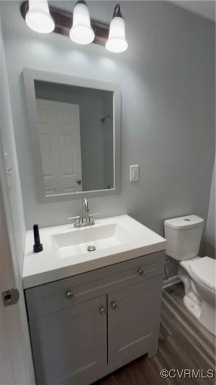 bathroom featuring hardwood / wood-style floors, vanity, and toilet