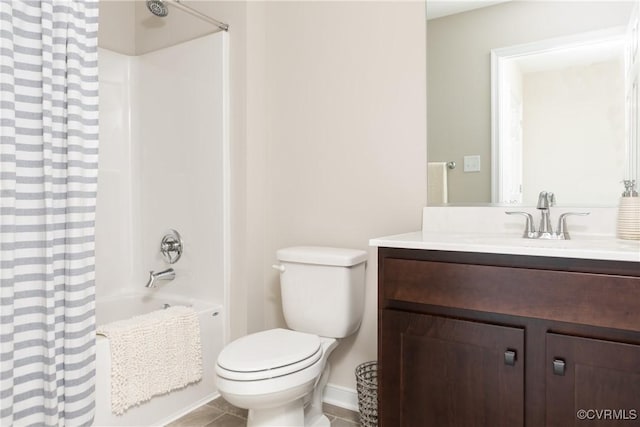 full bathroom featuring tile patterned flooring, vanity, toilet, and shower / bathtub combination with curtain