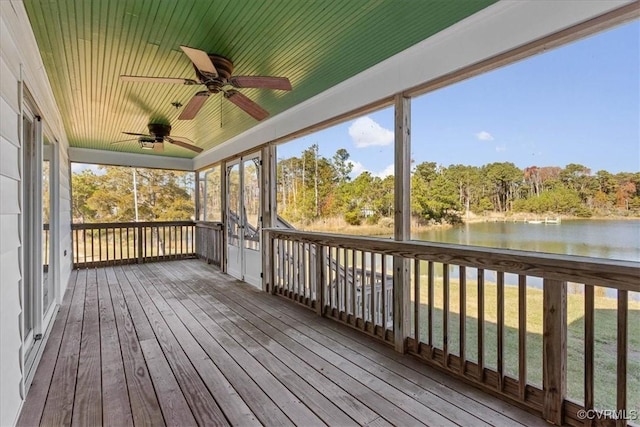 wooden deck featuring a water view and ceiling fan