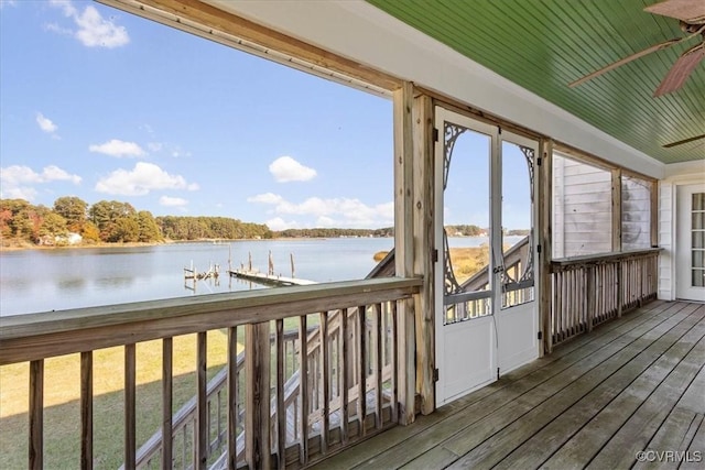 wooden deck featuring a water view and a dock