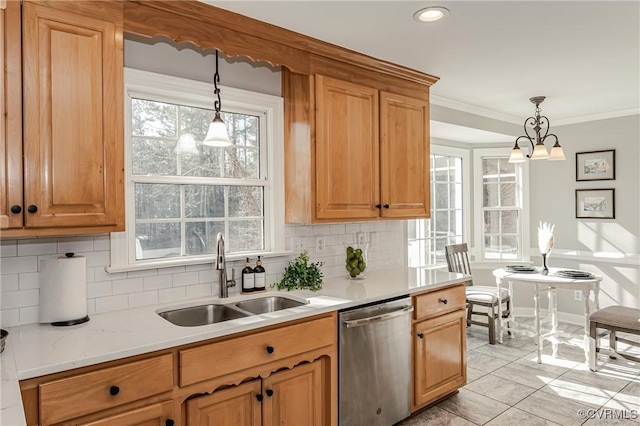 kitchen with sink, stainless steel dishwasher, tasteful backsplash, and hanging light fixtures