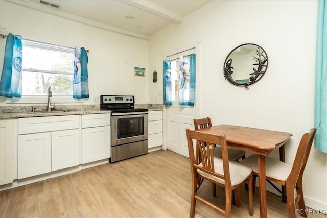 kitchen featuring stainless steel electric stove, white cabinets, sink, and light stone countertops