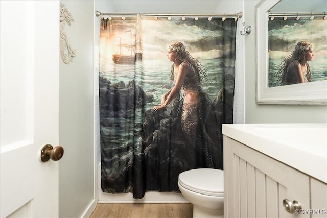 bathroom with toilet, vanity, and hardwood / wood-style floors