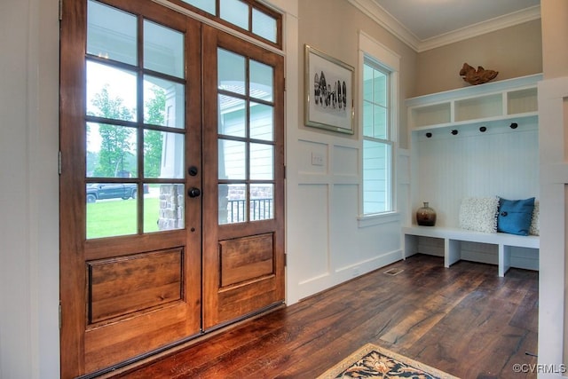 1509 Buford Rd, North Chesterfield, VA 23235 - mudroom featuring crown molding, dark wood-style flooring, and french doors