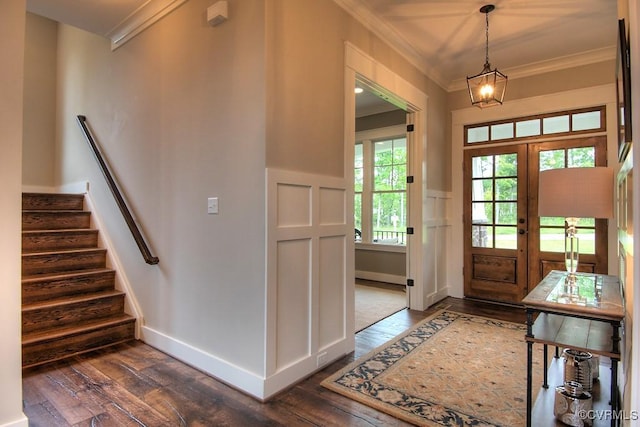 1509 Buford Rd, North Chesterfield, VA 23235 - entryway with crown molding, dark wood finished floors, stairway, a wainscoted wall, and a decorative wall