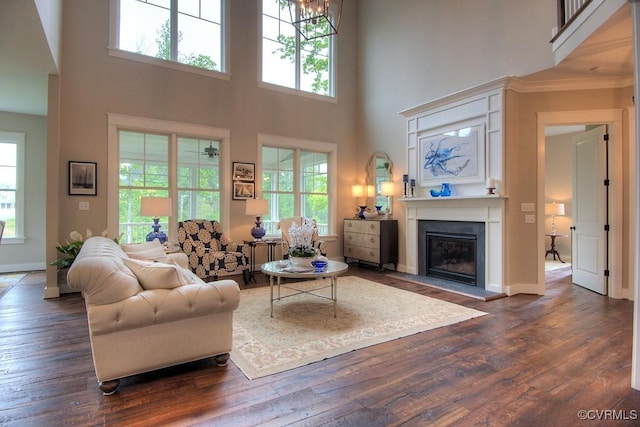 1509 Buford Rd, North Chesterfield, VA 23235 - living room featuring healthy amount of natural light, a glass covered fireplace, dark wood-style floors, a towering ceiling, and baseboards