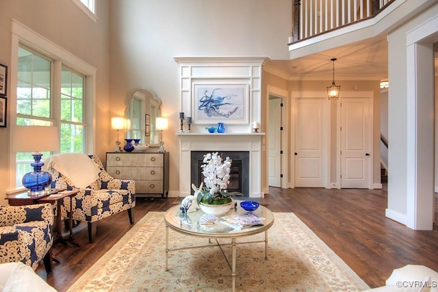 1509 Buford Rd, North Chesterfield, VA 23235 - living area featuring a high ceiling, dark wood-type flooring, a glass covered fireplace, and ornamental molding