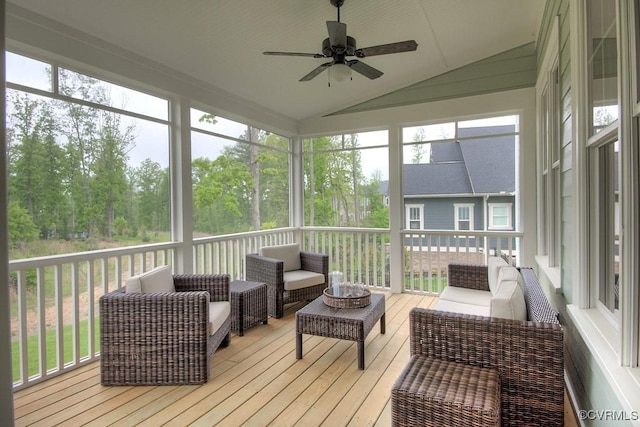 1509 Buford Rd, North Chesterfield, VA 23235 - sunroom / solarium with an outdoor hangout area, ceiling fan, vaulted ceiling, and plenty of natural light
