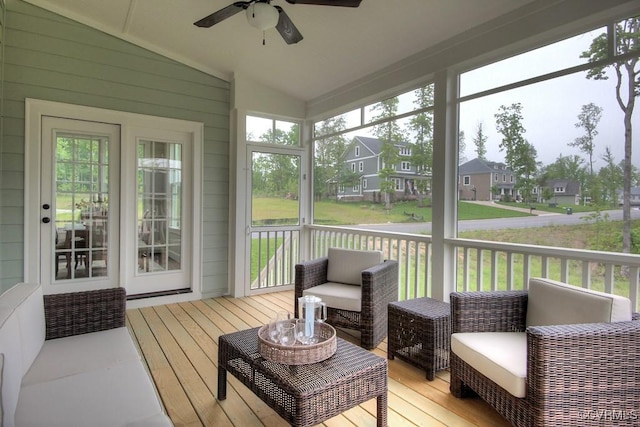 1509 Buford Rd, North Chesterfield, VA 23235 - sunroom with lofted ceiling, ceiling fan, plenty of natural light, and a residential view