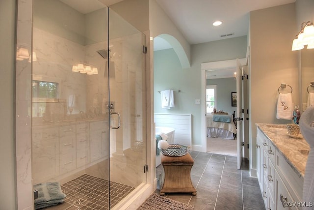 1509 Buford Rd, North Chesterfield, VA 23235 - bathroom featuring connected bathroom, vanity, a shower stall, tile patterned flooring, and recessed lighting
