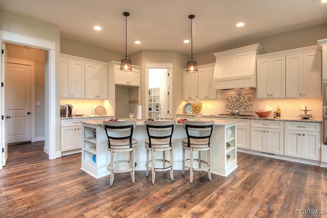 1509 Buford Rd, North Chesterfield, VA 23235 - kitchen featuring premium range hood, open shelves, white cabinets, dark wood-style floors, and recessed lighting
