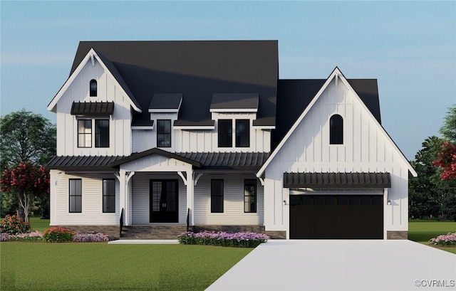 modern farmhouse style home with a porch, a front yard, and a garage