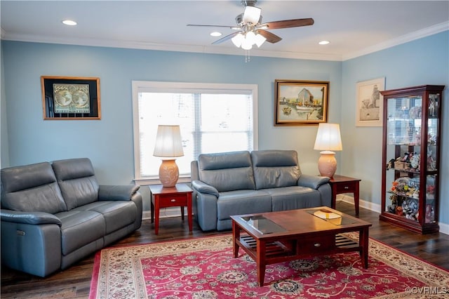 living room featuring ceiling fan, crown molding, and dark hardwood / wood-style flooring