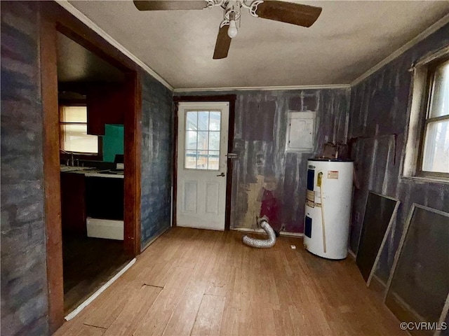 doorway to outside featuring ceiling fan, water heater, electric panel, crown molding, and hardwood / wood-style flooring