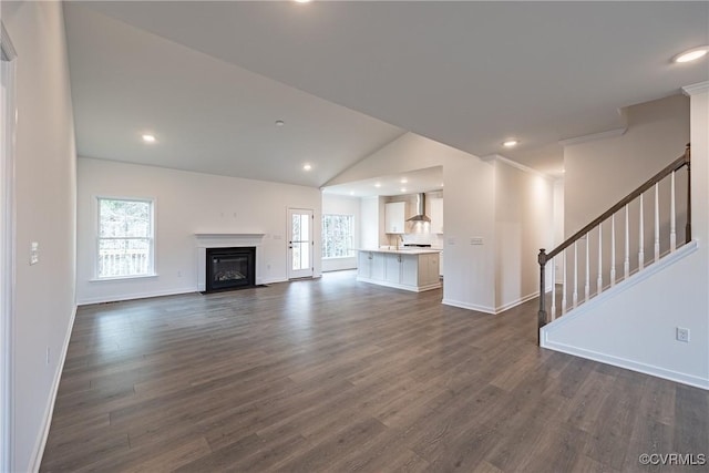 unfurnished living room with dark wood-type flooring and lofted ceiling