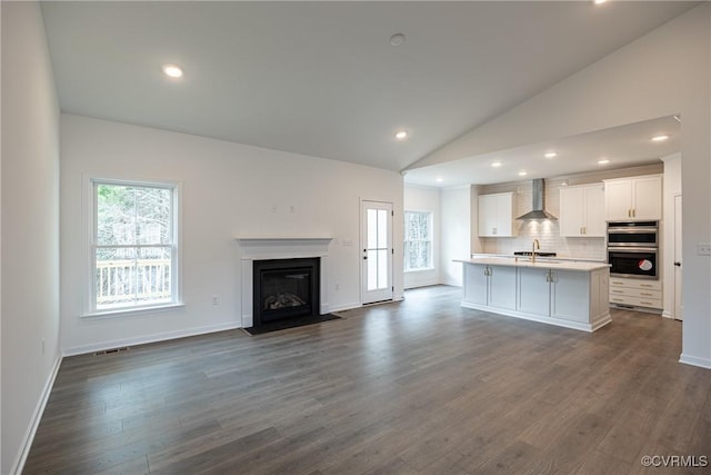 unfurnished living room featuring dark hardwood / wood-style floors, a wealth of natural light, and sink