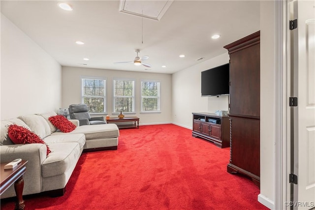 living room featuring ceiling fan and carpet flooring