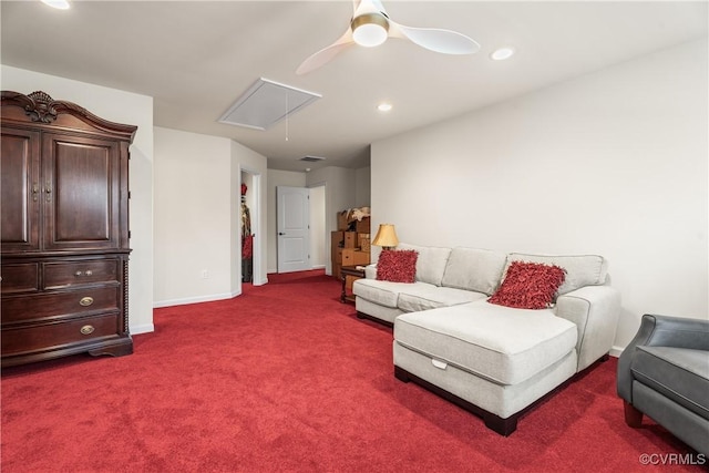 living room with dark colored carpet and ceiling fan