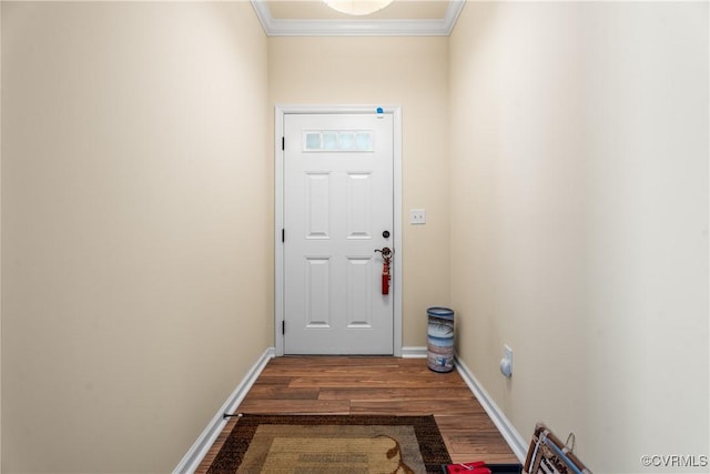 doorway with crown molding and dark wood-type flooring