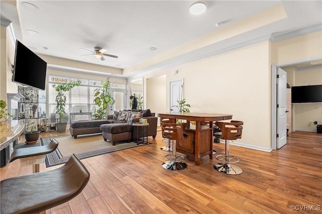 living room featuring light hardwood / wood-style floors, a tray ceiling, and ceiling fan