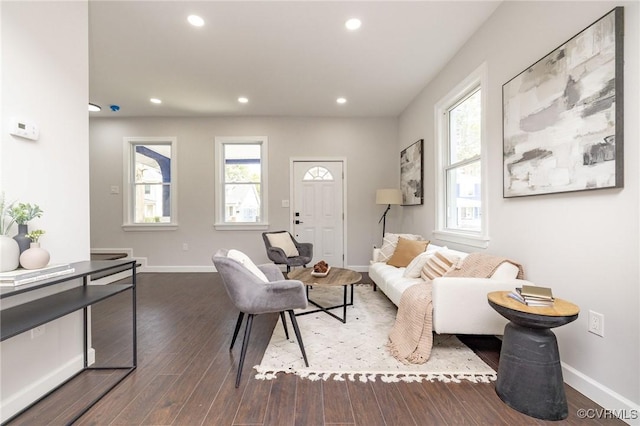 living room with plenty of natural light and hardwood / wood-style floors