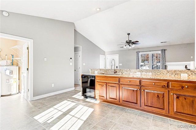 kitchen featuring dishwasher, lofted ceiling, sink, ceiling fan, and water heater