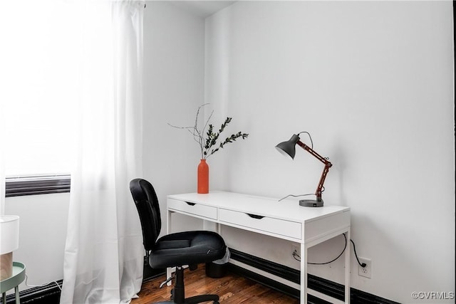 home office featuring dark wood-type flooring